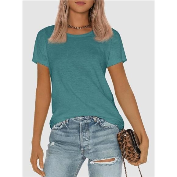 Women's Blue Green‎ T Shirt Summer Tops Short Sleeve Basic Casual Shirt Tops - Picture 5 of 6